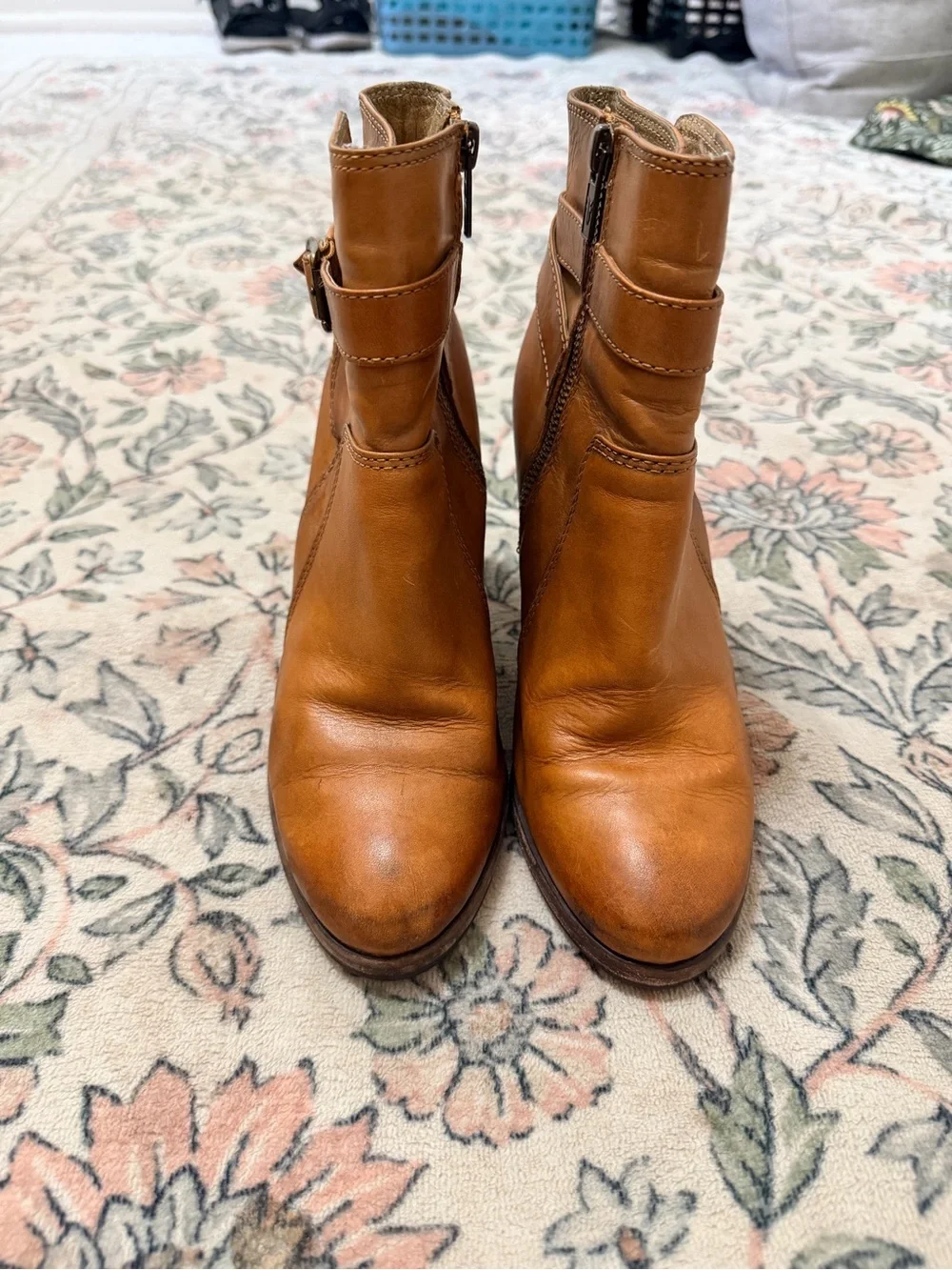 Frye Cognac Leather Buckle Ankle Booties